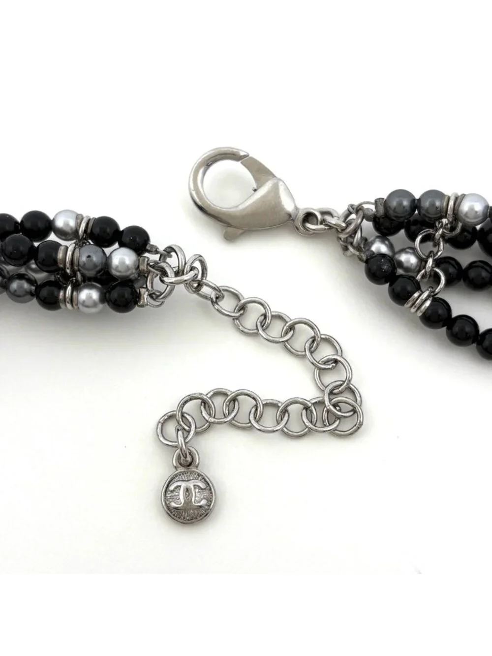 Chanel Necklace CC Logo Faux Pearl Metal Black Silver